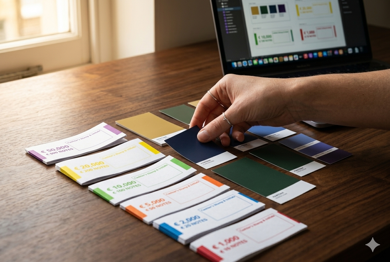 Reviewing currency band samples and color options before approving a production run