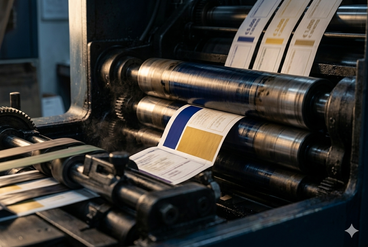 Offset printing press producing custom-branded currency bands in our manufacturing facility