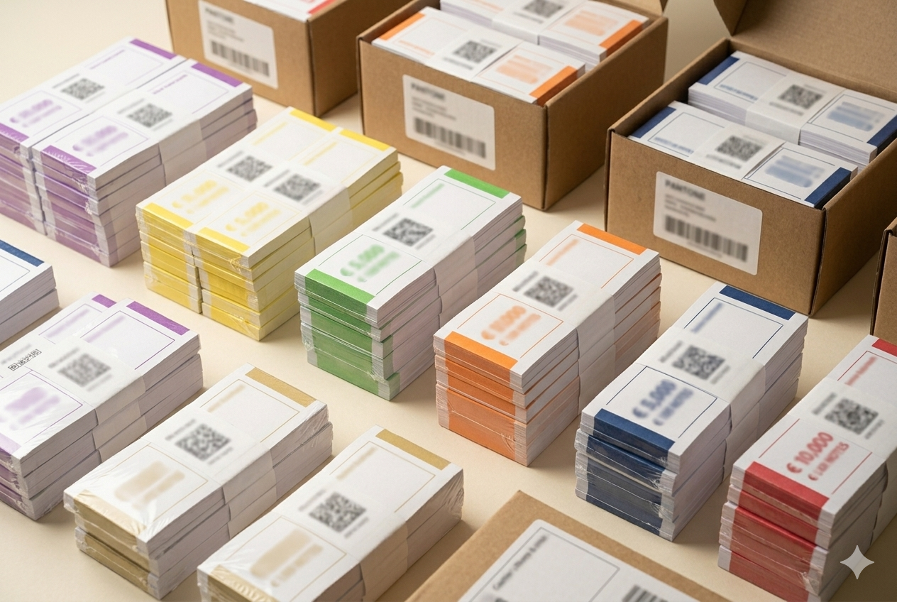 Currency bands packaged in branded shipping cartons, ready for EU-wide delivery
