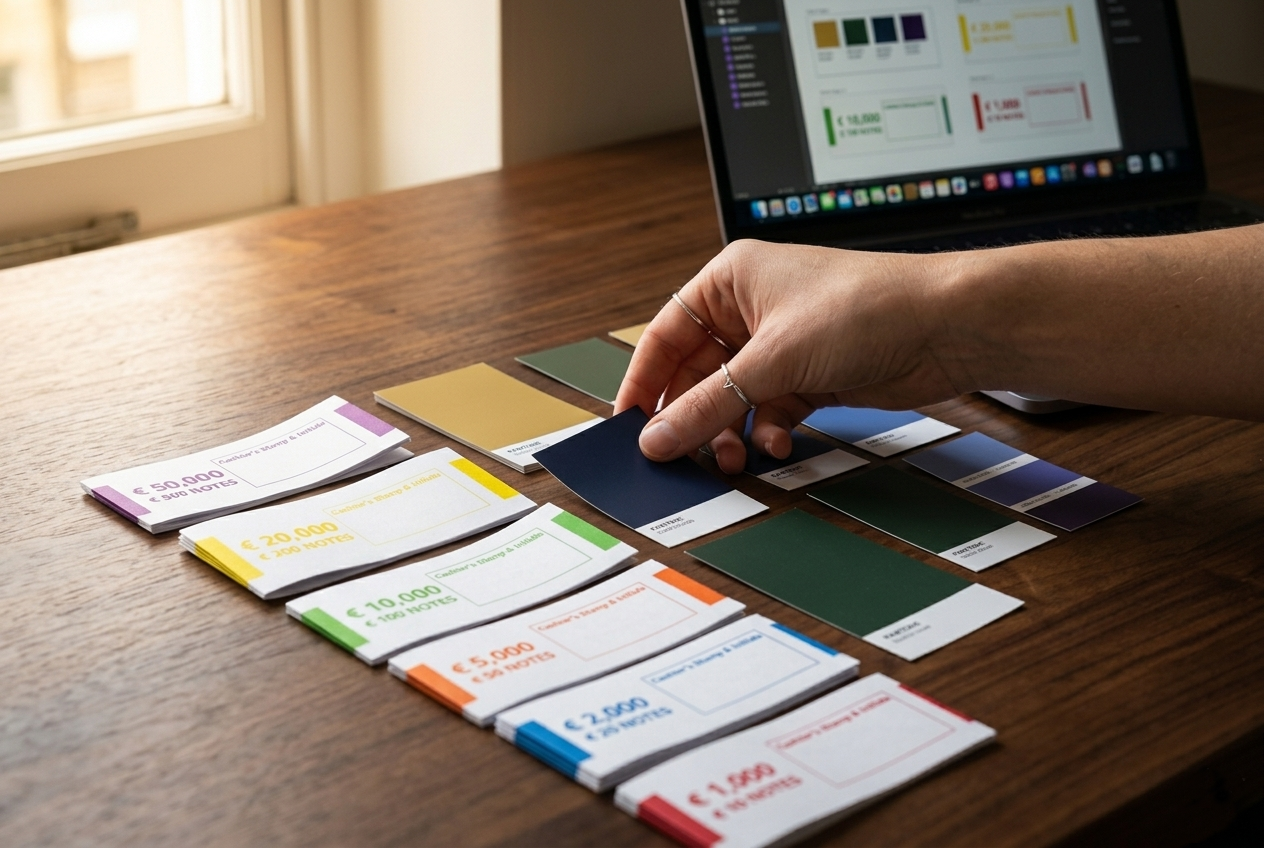 Reviewing currency band samples and color options before approving a production run